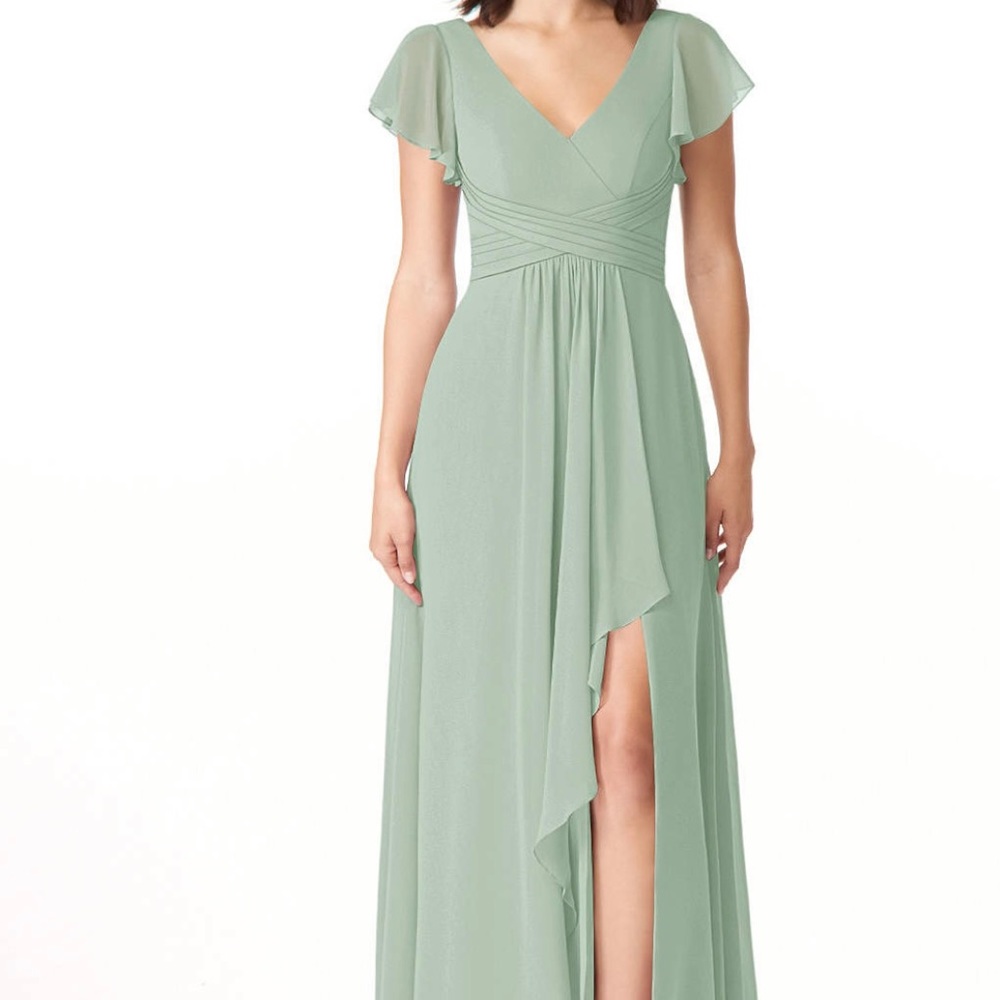 Size A10. Agave green, chiffon, floor length dress.